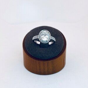 Vintage 925 Sterling Silver Halo Ring Oval CZ Size 8 Estate Jewelry Art Deco